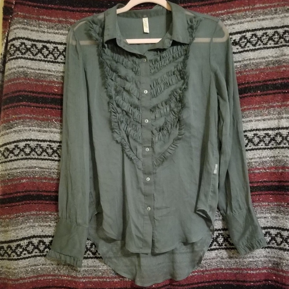 Free People Sheer Green Button down Blouse